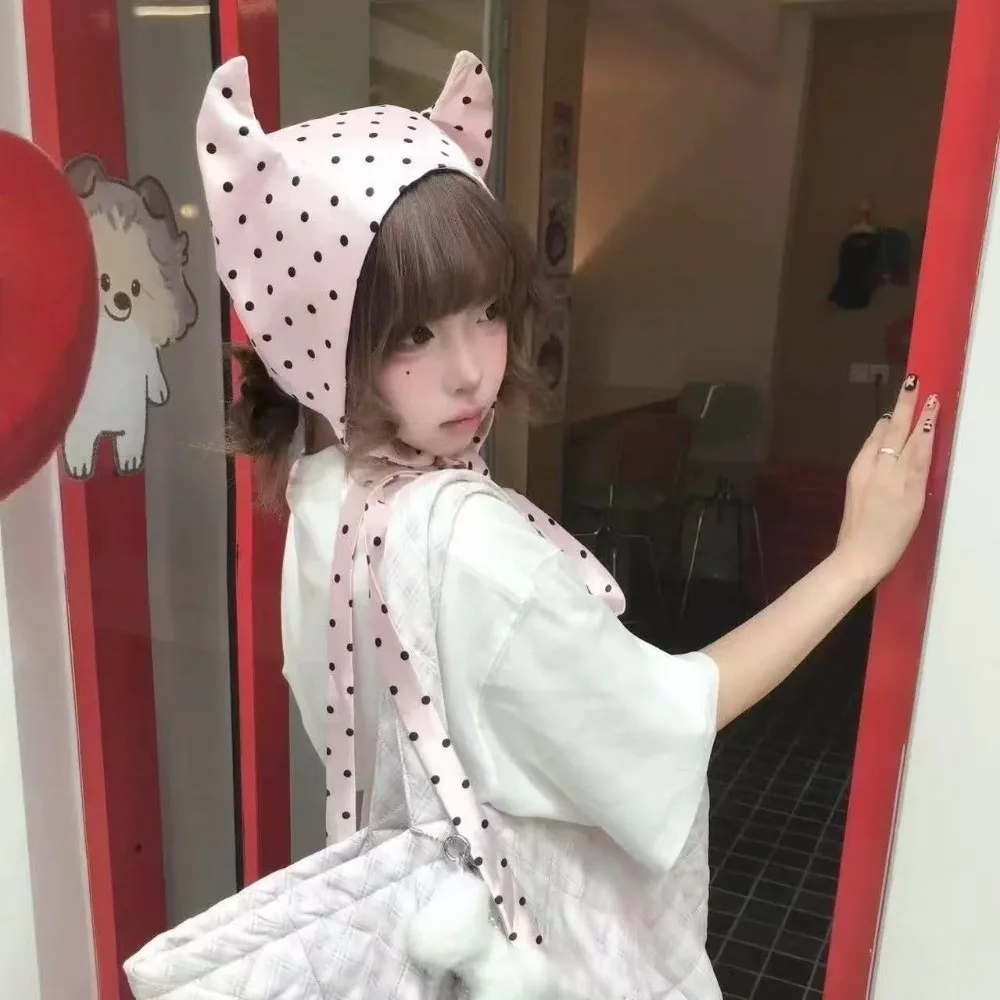 ファッションY2Kリトルデーモンヘアースカーフソフトラップヒップホップヘアバンド耳付きヘッドバンドパンクポルカドットヘッドスカーフストリートウェア