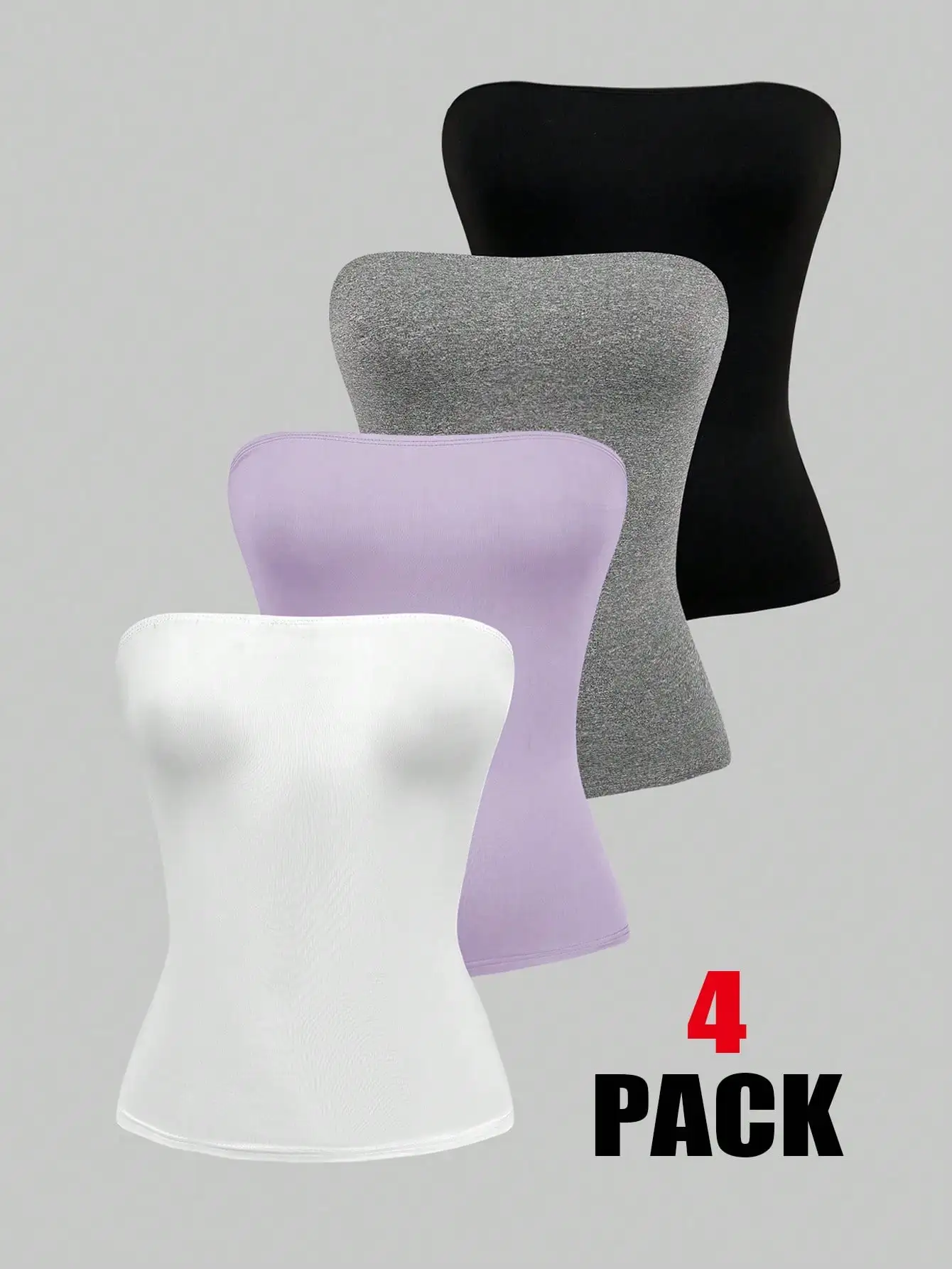 Damen 4er-Pack einfarbiges Tube-Top, lässiges, trägerloses, eng anliegendes, ärmelloses Camisole-Set