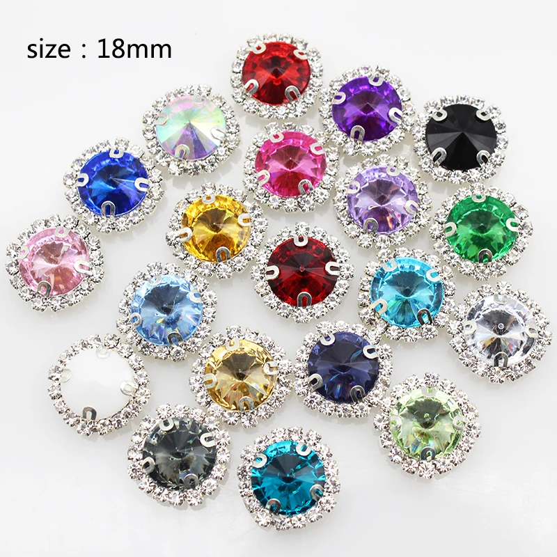 10pcs 18mm Round Shiny Rhinestone Satellite Stone Silver Base D Claw Flat Bottom Button DIY Handmade Shoes and Hats Clothing Sew