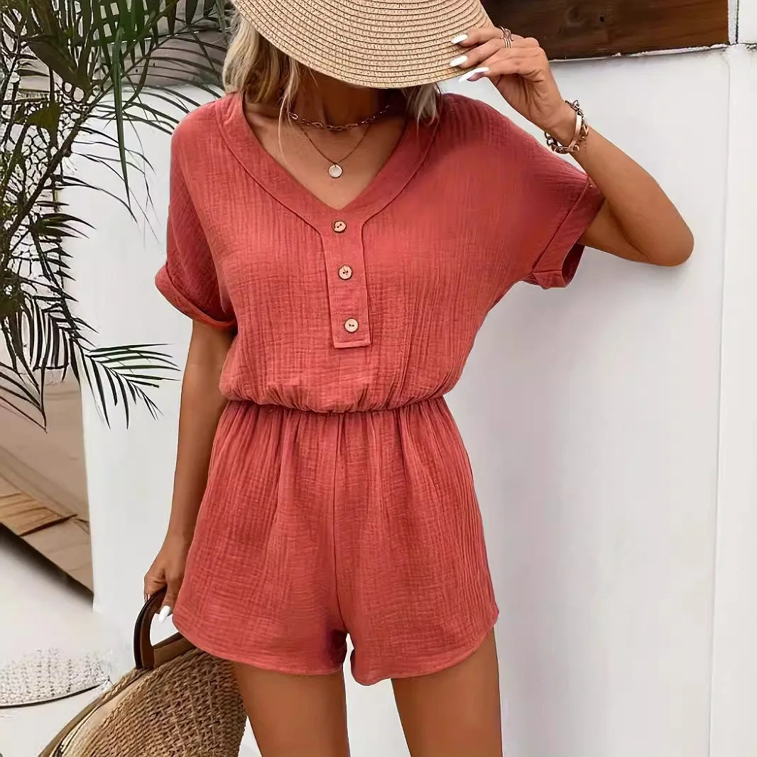 

Woman Jumpsuit Holgated Short Sleeve Mono With Buttons And Pocket, Smooth Color, Spring Novelty And Summer Of 2025 Short Sleeve