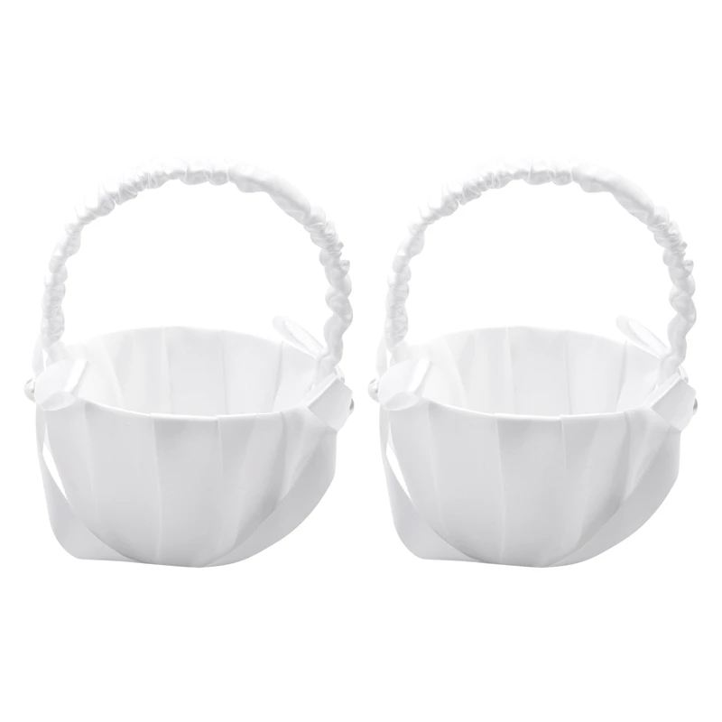 2 Pack Wedding Satin Flower Basket,Romantic Bowknot Rose Flower Girl Basket