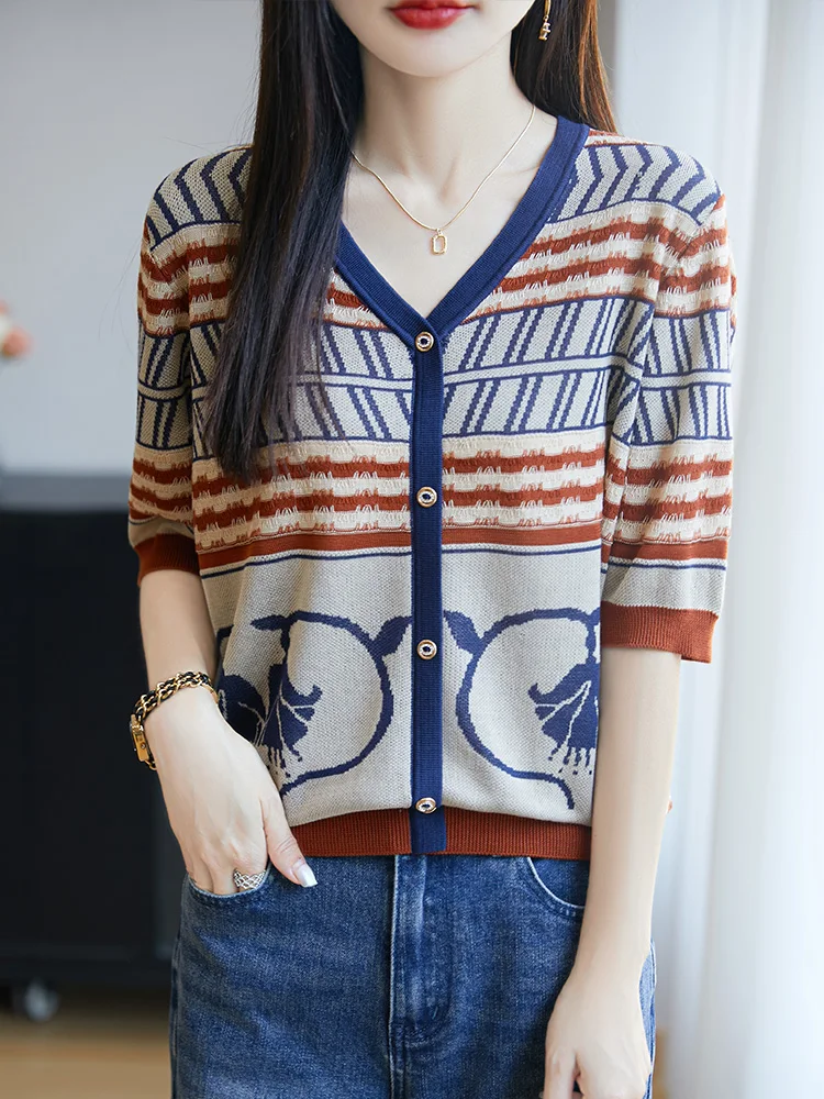 Verão fino decote em v retro chique estampado contrastante cardigan para mulher high-end 100% navio viajando camisa de manga curta