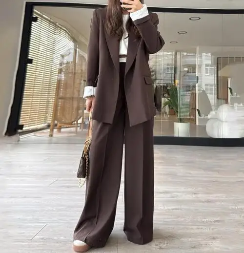 

Модный однотонный женский темпераментный комплект из 2 предметов для поездок на работу, пиджак с лацканами и комплект широких брюк с высокой талией