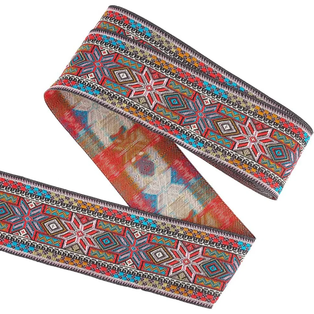 7,7 ярдов, 2 дюйма, красная винтажная жаккардовая лента в этническом стиле, ромбовидная форма, цветочный узор, вышивка, тканая отделка, набор для изготовления полиэстера 7,7 ярдов, 2 дюйма, красная винтажная жаккардовая лента в этническом стиле, ромбовидная форма, цветочный узор, вышивка, тканая отделка, набор для изготовления полиэстера