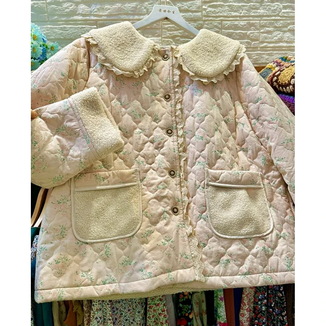 Cappotto patchwork in pile trapuntato con fodera in cotone dolce femminile Cappotto invernale Mori Girl Capispalla vintage shabby retrò chic