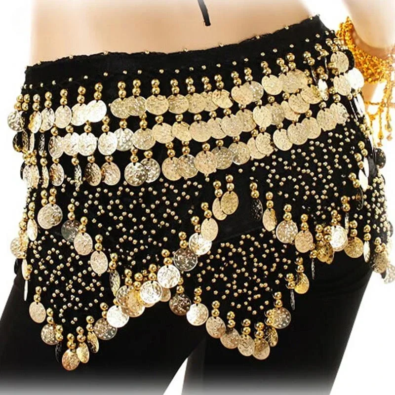 

Women Gold Coins Belly Dance Waist Belt Shiny Belly Dancing Hip Scarf Velvet Indian Dance Costume Oriental Hip Scarf Wrap Skirt
