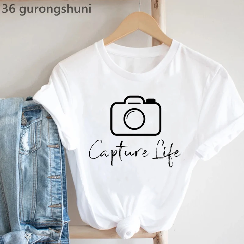 

Capture Life Camera Graphic Print Tshirt Women Funny White T-Shirt Femme Summer Hipster T Shirt Female Casual Tops Tee