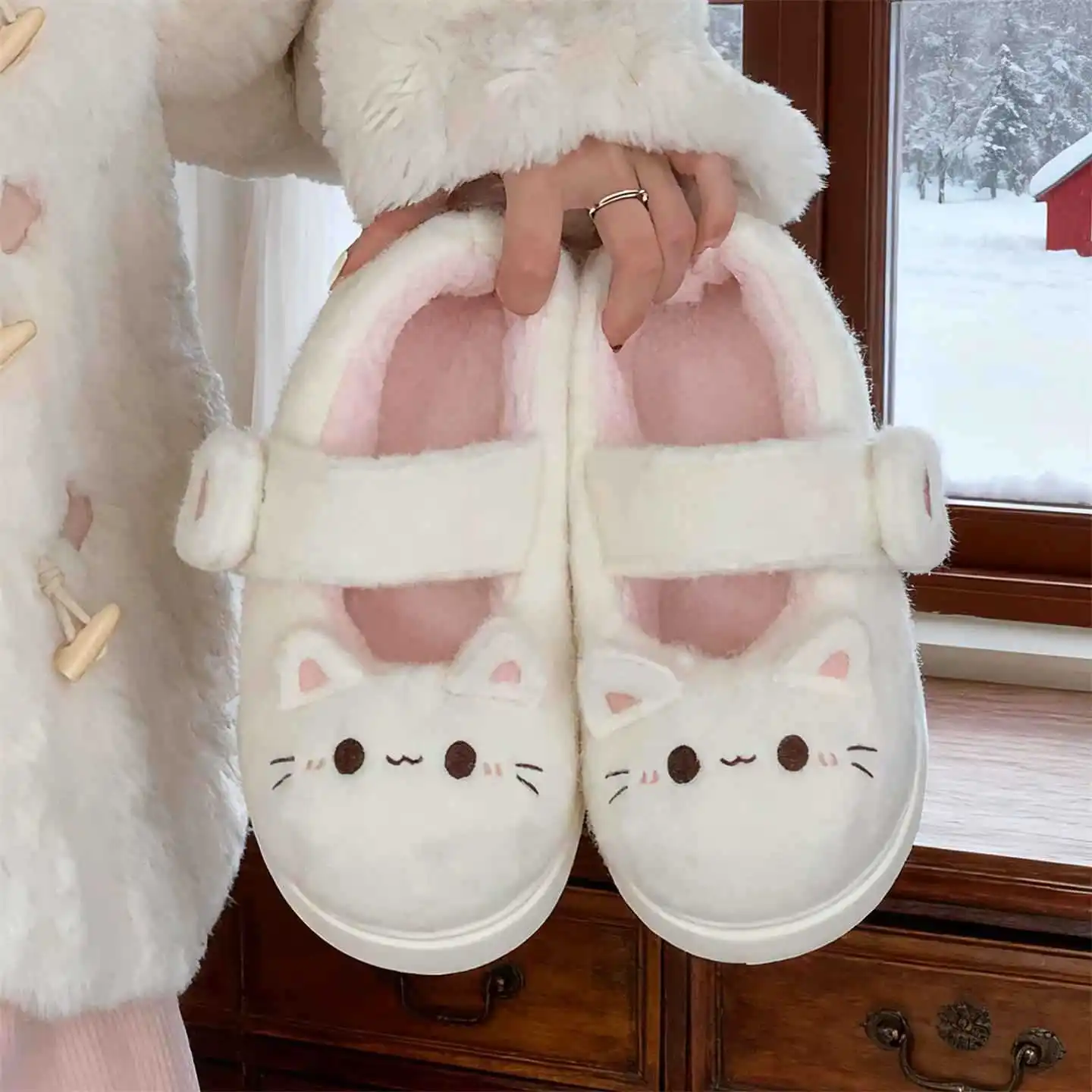 

New fuzzy house slippers woman sweet furry cat designer mary janes shoes for women thick sole home slipper floor shoes bedroom