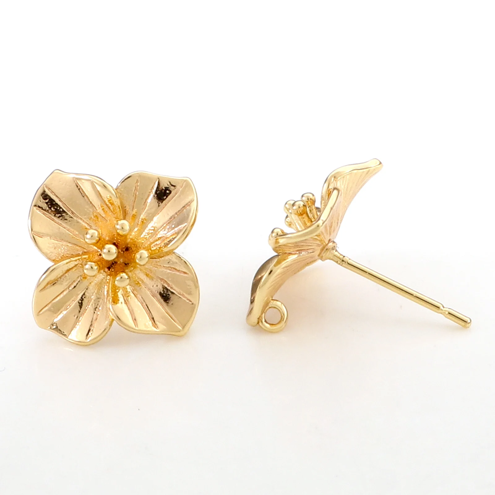 2PC Gold Color Flower Ear Post Stud Earrings With Loop For Diy Women Earring Jewerly Making Finding 15x15mm, Wire Size: 21 Gauge