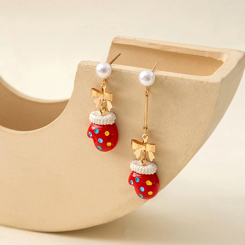 

2Pc New Cute Bow Pearl Colorful Earrings for Women Christmas New Year Party Personalized Asymmetric Design Earrings Gift