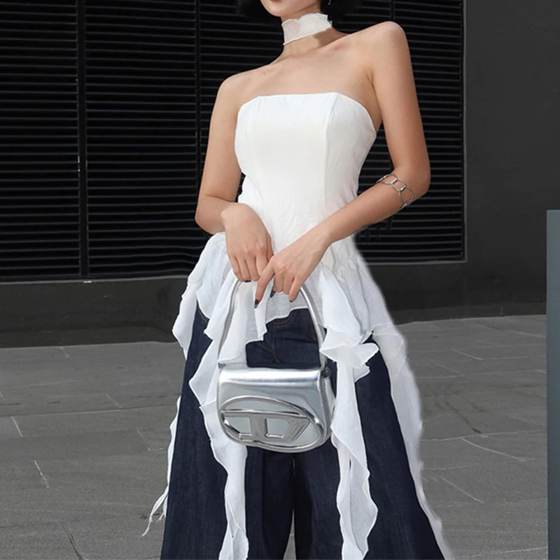 Omsj y2k unregelmäßige Slim Fit BH träger lose sexy Tanktops Frauen Fashion Club High Street Rüschen Rand Quaste Off-Shoulder Tube Top