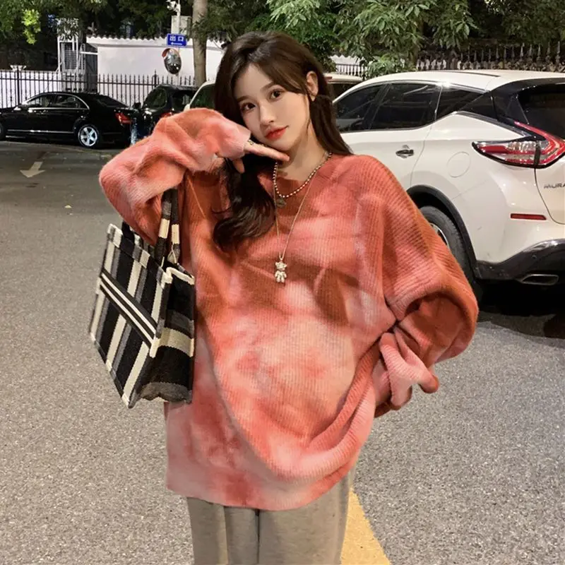 Tie-Dye Pullover Sweatshirt Lazy Style Women 2024 Autumn Winter New Loose Versatile Mid-Length Long-Sleeved Top