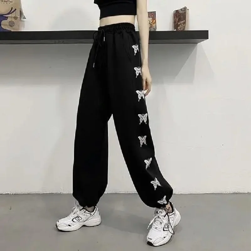 Women's Butterfly Print  Cropped Trousers Korean Gray sweatpants  Drawstring Loose Bandage Tie Feet Oversize Pants jogger Gothic