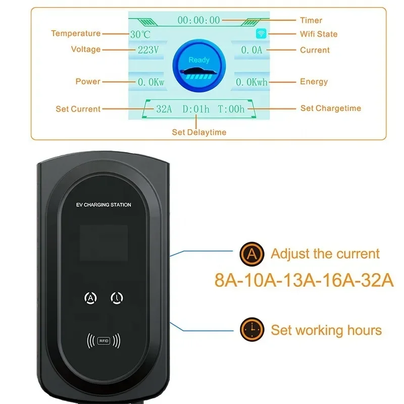 22kwh 32A Electric Car EV Charger Home EVSE Type 2 GBT Wallbox Charging Station EV Charger SAE J1772 16A 11KW 7 KW OEM IP65 WEV2