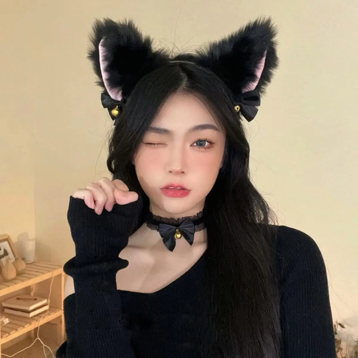 Sexy Cat Ears Headband for Women Girls Lace Bow Necklace Plush Bell Hairband Cosplay Masquerade-Party Costume Hair Accessories