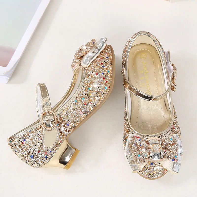 2025 new Girls Butterfly Knot High-Heel Sequins Non-Slip Performance Shoes Kids Crystal Shoes Children's Leather Shoes