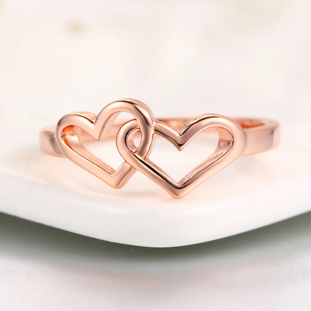 Top Quality Simple Style Heart To Heart Ring For Women Rose Gold Color Fashion Jewelry Valentine\'s Day Gifts  ZYR215 R252