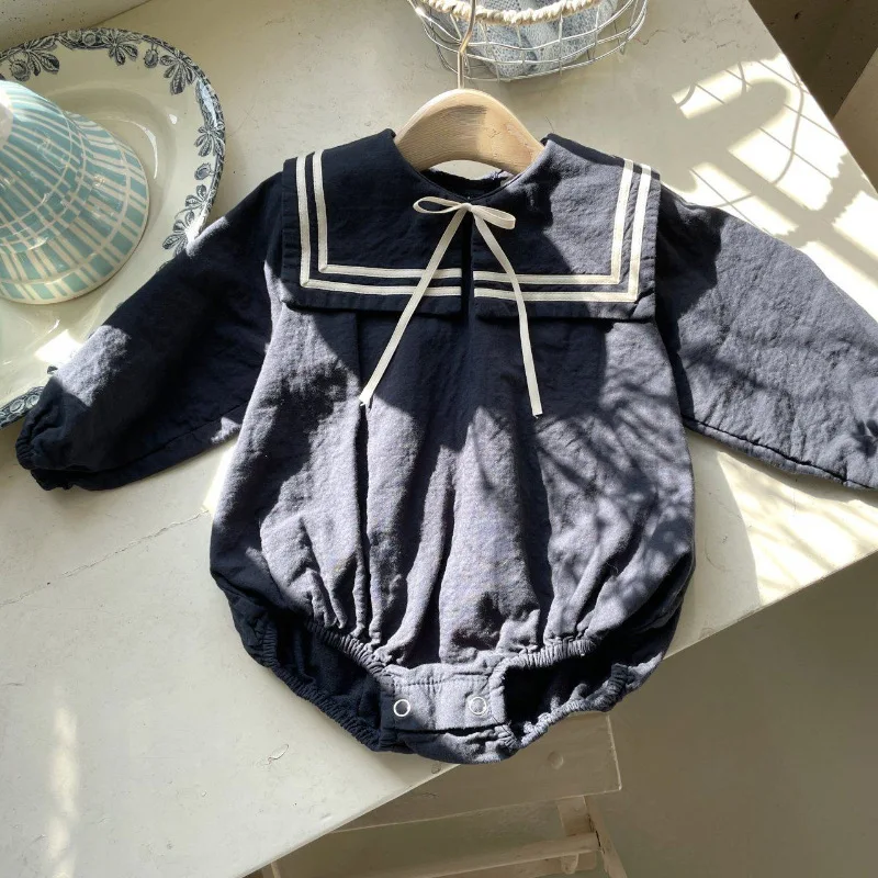 2026 Spring Summer New Baby Long Sleeve Bodysuit Solid Boys Girls Cute Sailor Collar Jumpsuit Cotton Infant Clothes 0-24M view 4