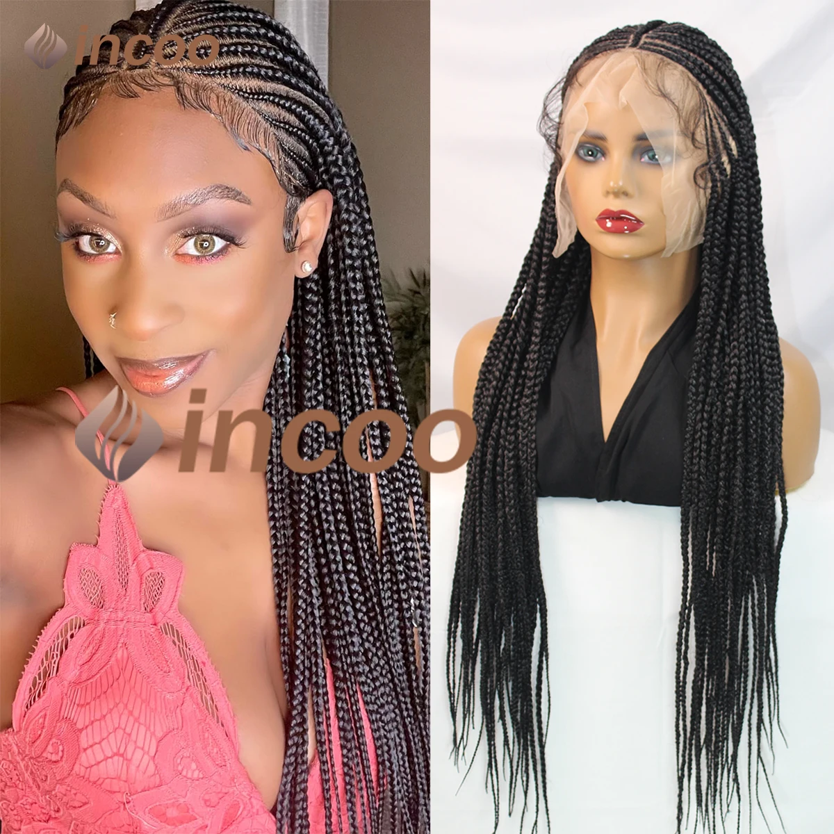 

32 Inch Middle Part Cornrow Braided Wigs for Women HD Full Lace Box Braid Wig with Baby Hair Synthetic Braids Lace Front Wig