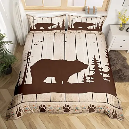 Bear Silhouette Duvet Cover King Size,Brown Rustic Farm Door Bedding Set 3pcs,Woodland Pine Animals Footprint Comforter Cover