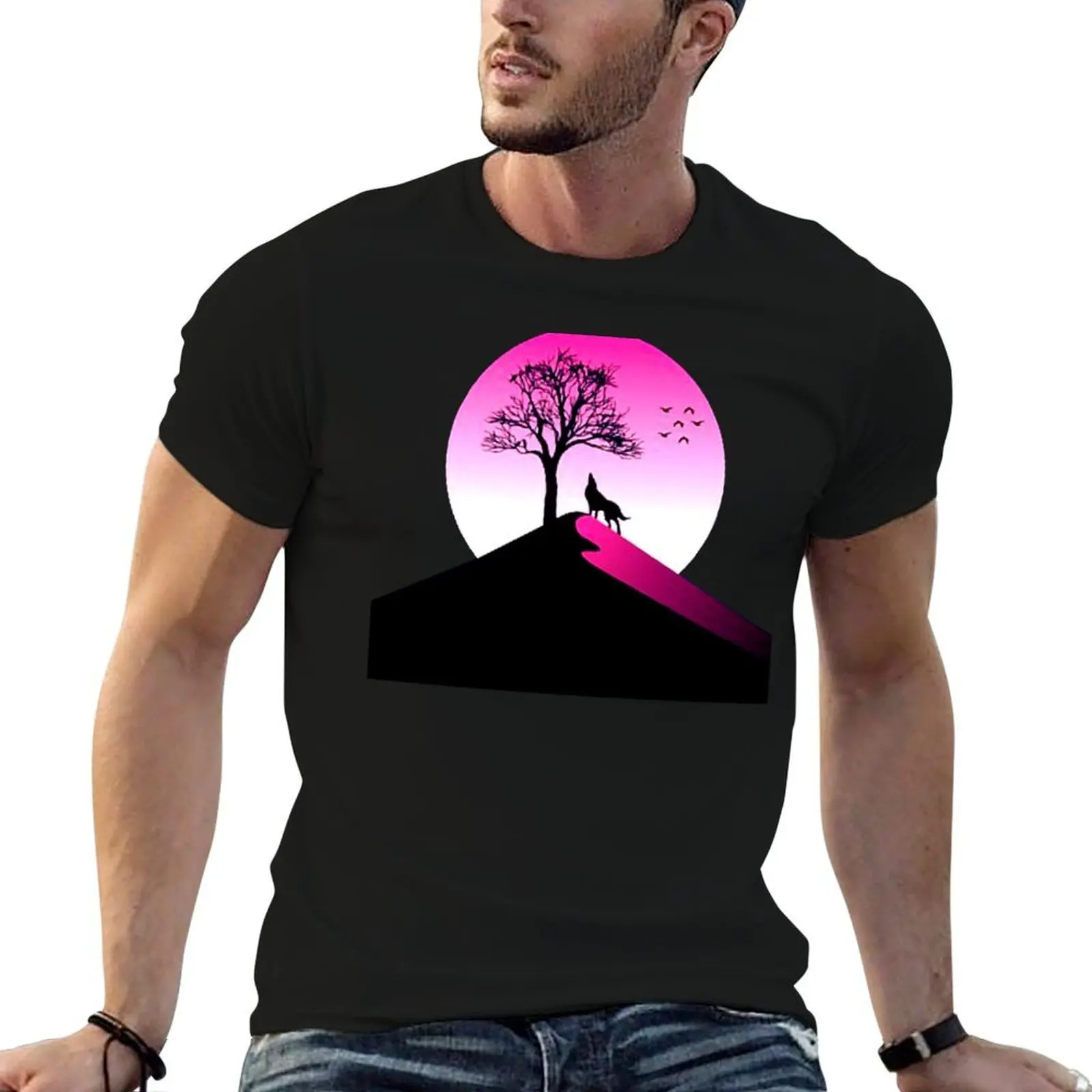 

Moon cotton plain man and mountain for wolf cotton Art. man package t Cool T-Shirt black Pink t-shirt tree shirt