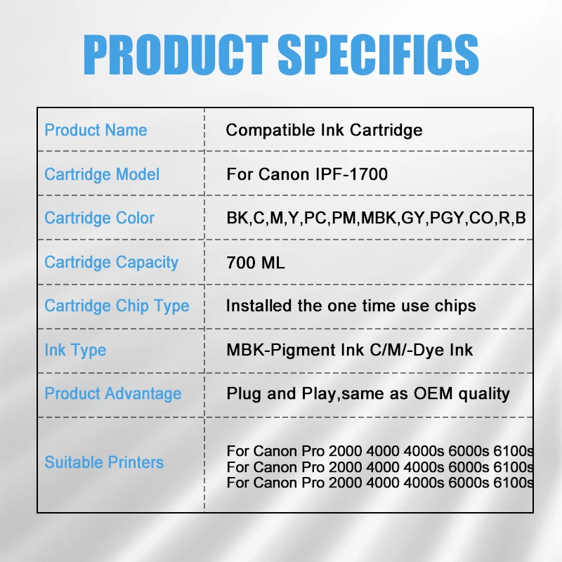 For Canon PFI 1700 Compatible Ink Cartridge For Canon imagePROGRAF PRO-2000 2100 4000 4000s 6100 6000s Printer Pigment Ink Tank