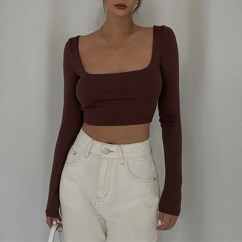 Женский укороченный топ с квадратным вырезом, черная или белая Повседневная футболка с длинным рукавом и квадратным вырезом, весна-лето