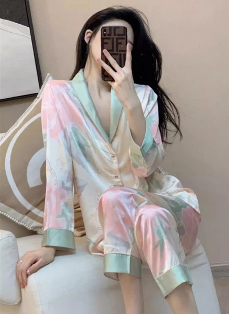 Women\'s Clothes Floral Ice Silk Pajamas Sweet Thin Section Spring Summer V-Neck Homewear Fashion Korean Simple Soft Loungewear