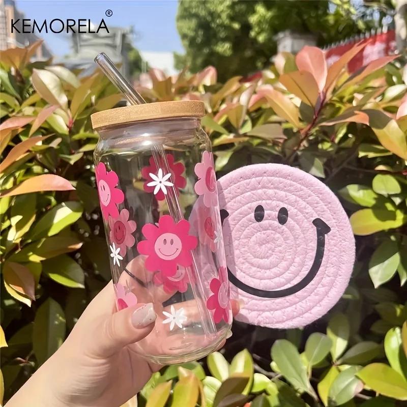 470ML Pink Smiling Flower Theme Beverage Glass 1/2/4PCS Ins Heat-resistant Large-capacity Milk Tea Coke Drink Cup with Lid Straw