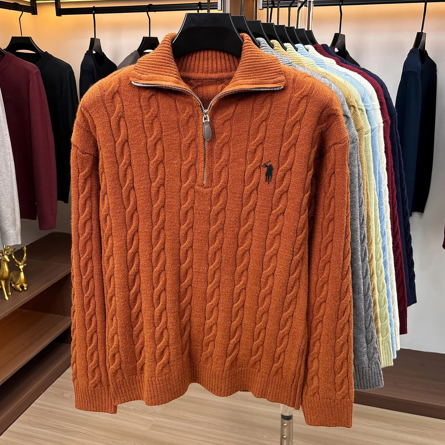Herbst Winter Neuer Pullover Klassische Mode Jacquard Herren Retro Reißverschluss Stehkragen Luxus Paul Pony Stickerei Lässiger Strickpullover – Detail 23