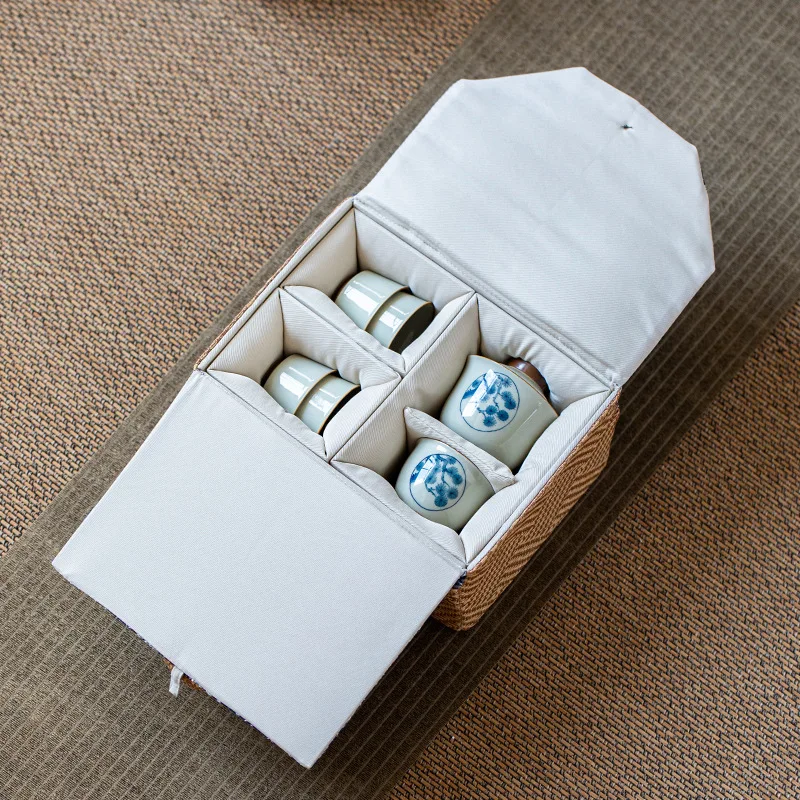 Blue Floral Rattan Tea Travel Bag Set - Portable Storage for 1 Teapot & 2/4/6 Cups, Chinese Style Tea Ceremony Organizer