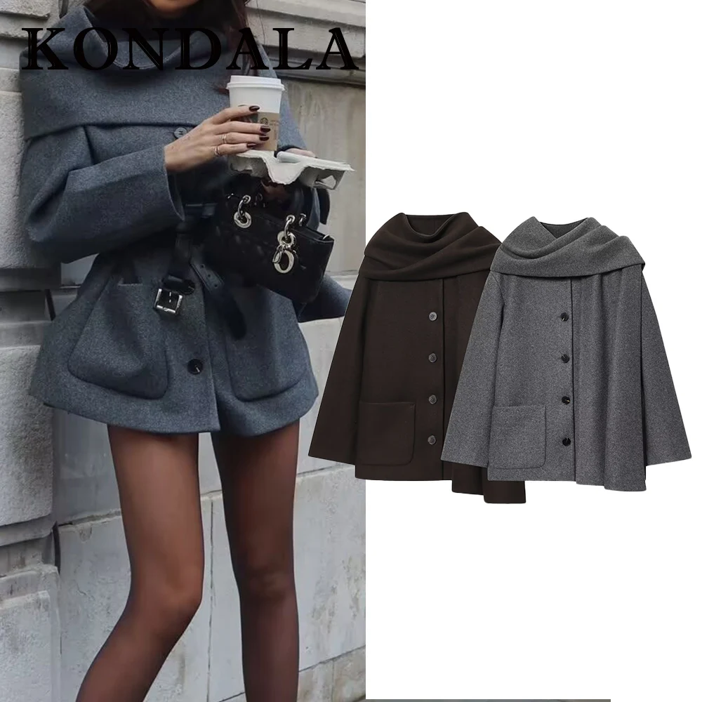 

KONDALA Chic Elegant Women Vintage Coat Scarf Collar Fashion 2025 Winter Single Breasted Streetwear Casual Elegant Female Coat