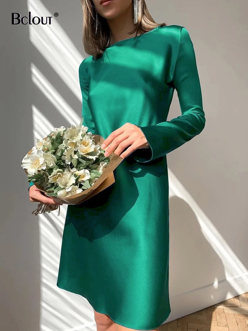 Bclout Elegant Green Satin Dress Women 2024 Autumn Flare Sleeve High Waist Sexy Mini Dresses Fashion A-Line Party Dresses Female