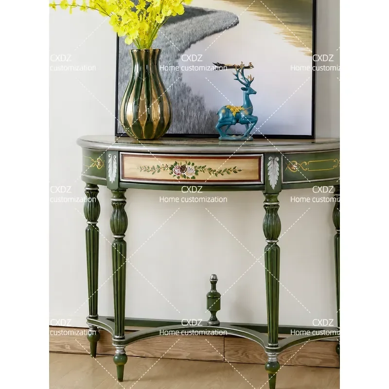 Retro Solid Wood Semi Round Entryway Table Wall Mounted Console Cabinet for Foyer Hallway Decorative End View Table Small