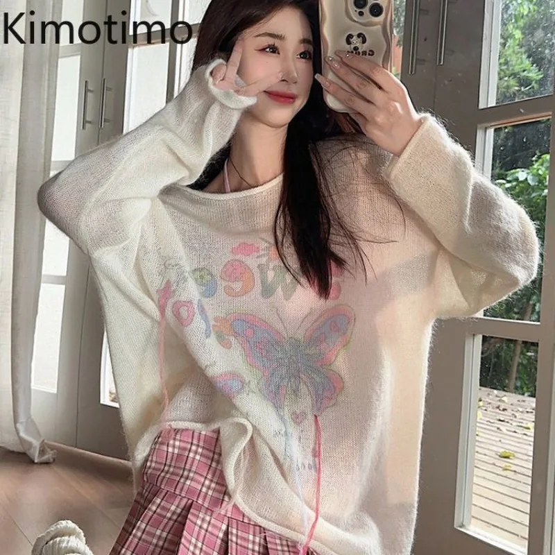 

Kimotimo Sweet Butterfly Print Knitted Pullover Women Autumn Loose Off Shoulder Thin Sweater Fashion Transparent Long Sleeve Top