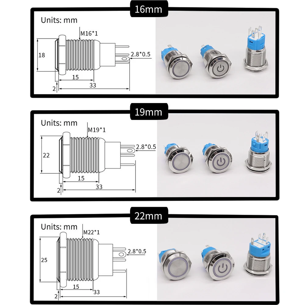 16/19/22MM laser přizpůsobit kov světelný design strčit knoflík spínač vodotěsný latching momentální 6V 12V 220V slovo spínač modrá