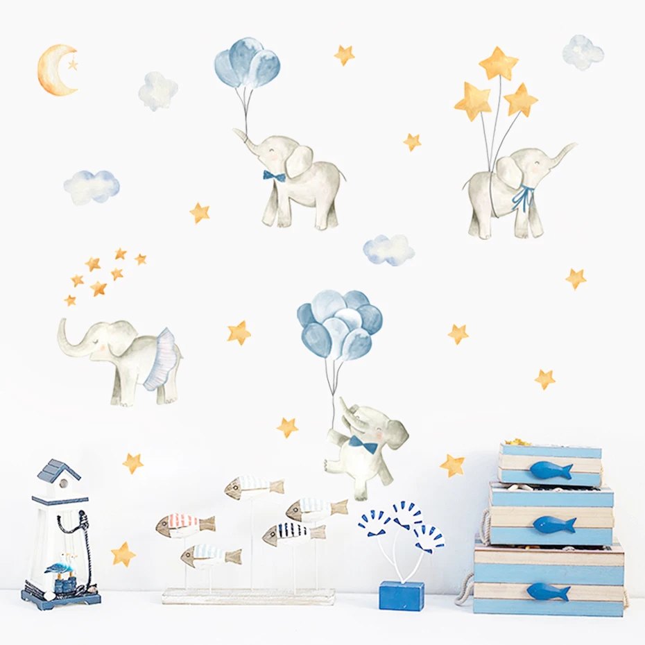 Cartoon Cute Balloon Stars Elephant Animal Watercolor Kids Wall Sticker Vinyl Nursery Art Decals for Babys Boys Room Home Decor