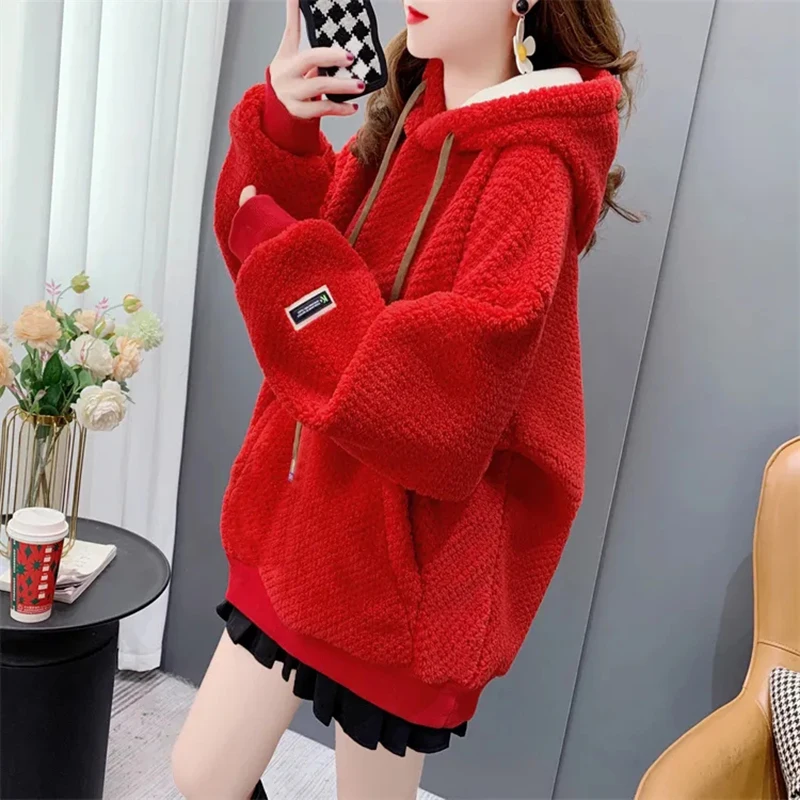 

Add Velvet Padded Hoodies Sweater Coat Women's New Autumn Winter 2023 Loose Hooded Lambswool Sweatshirts Tops Pocket Female Y2k