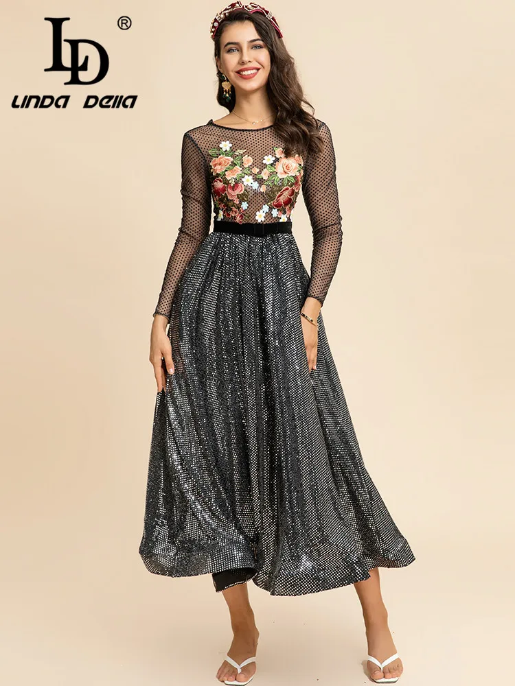 LD LINDA DELLA Stylish Women's Glitter Sequin Long Dress New 2023 Spring Summer Lady Long sleeve Flower Embroidery Party Dress