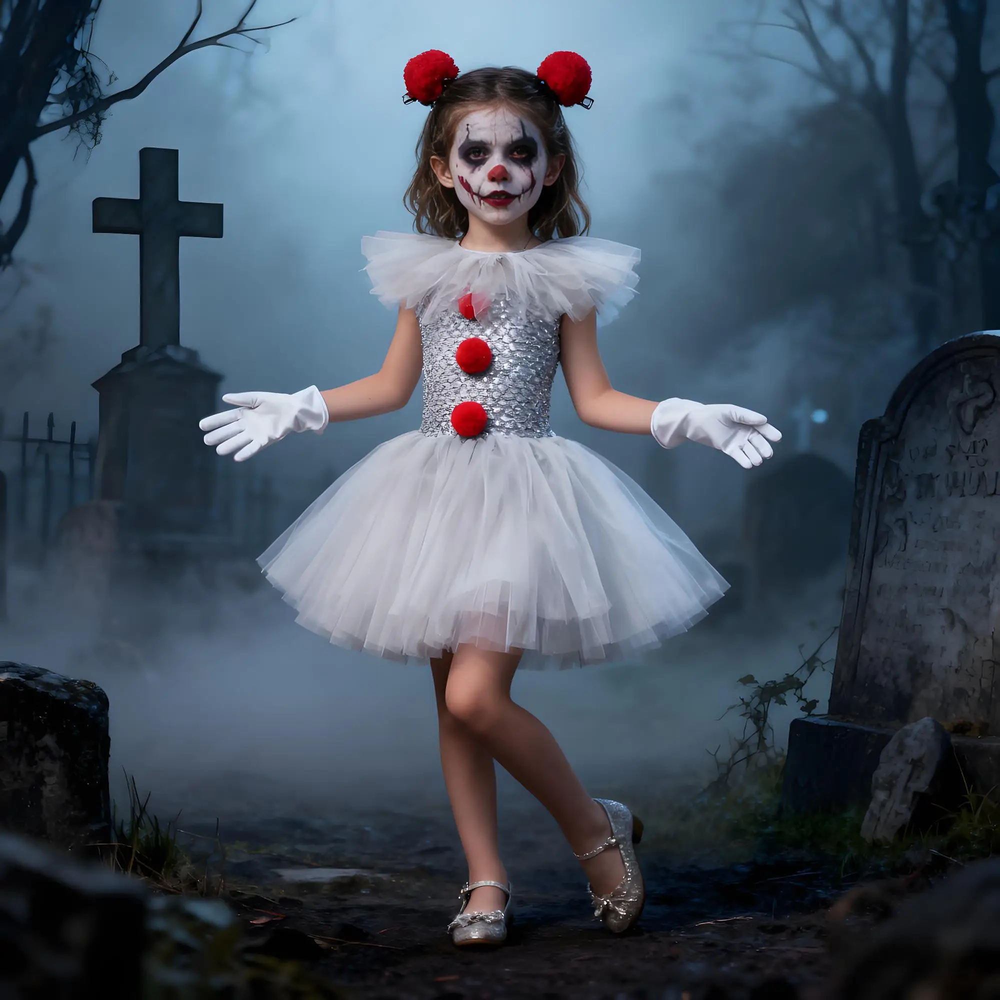 Girls New Gray Joker Dresses for Kids 2025 Halloween Carnival Cosplay Creepy Clown Costume Children Dress Up Party Clothes