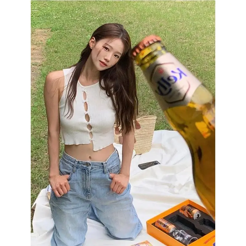 Summer 2024 Sexy American Hot Girl Hollow out Knitted Vest Women Single Button Uneven Slim Pure Color Knitted Top