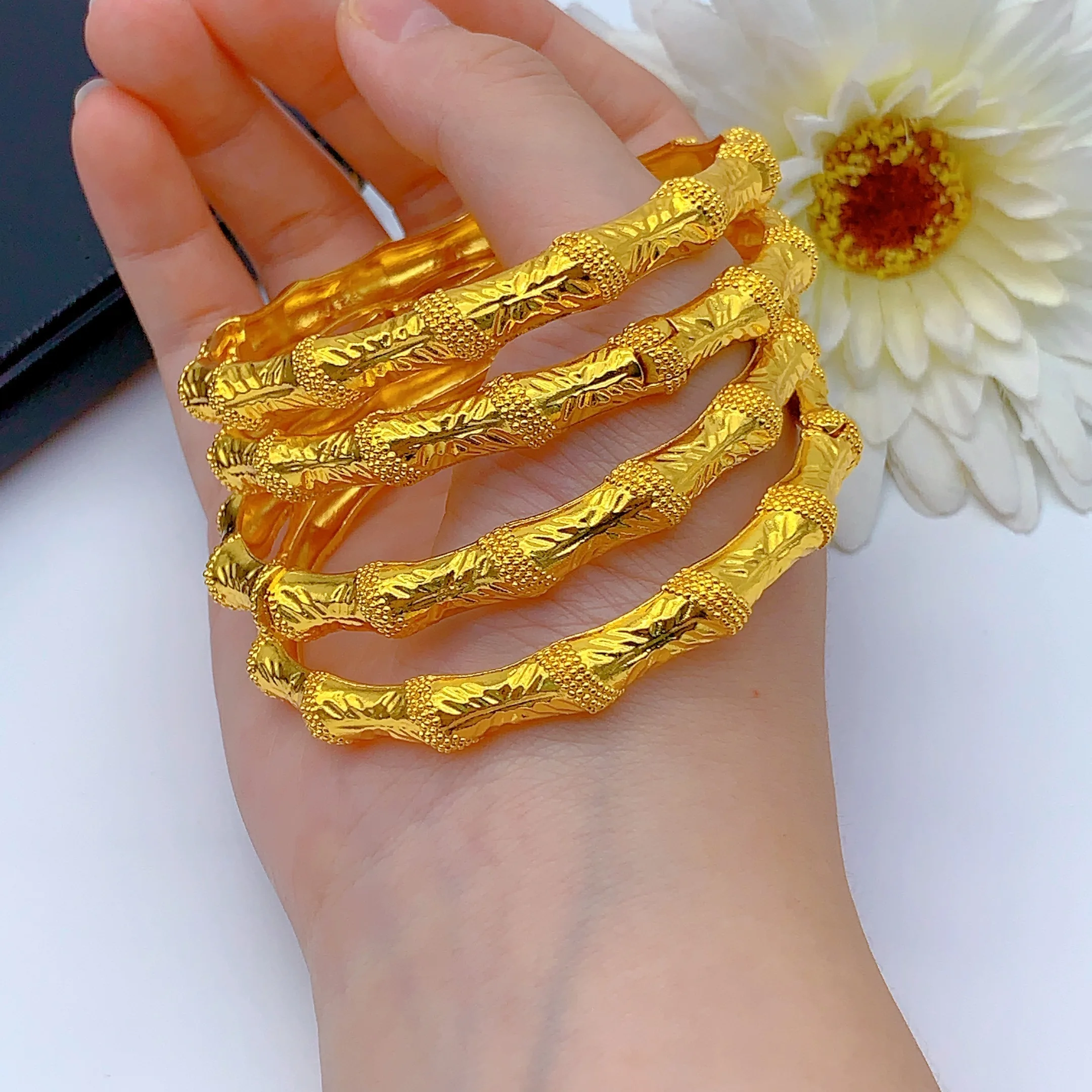 24K Gold Color Dubai Bracelet Bangles For Women Fashion Ethiopian Africa Saudi Arabia Bride Wedding Hand Jewelry Gifts Wholesale