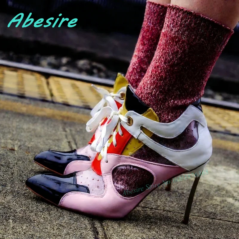 

Mixed Colors Air Mesh Patent Leather Pumps Pointed Toe Stiletto Heels Lace Up Hollow Out Women's Pumps Sport Style Fashion Shoes