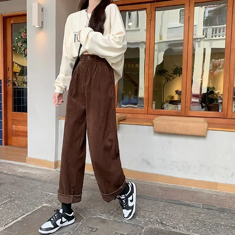 

Retro High Waist Wide Leg Pants for Women Casual Straight Corduroy Trousers Female Fashion All Match Baggy Full Length Pant N