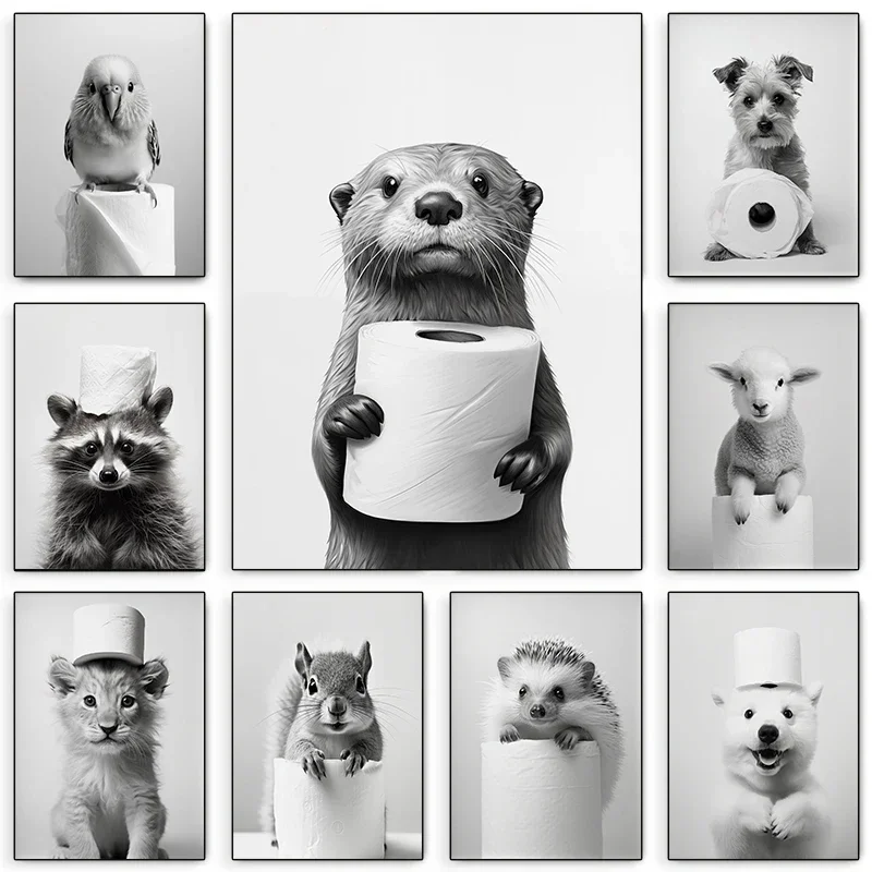 Póster Retro en Blanco y Negro de Animales y Papel Higiénico, Impresiones en Lienzo de León, Búho, Gato y Perro para Sala de Estar, Baño y Decoración del Hogar