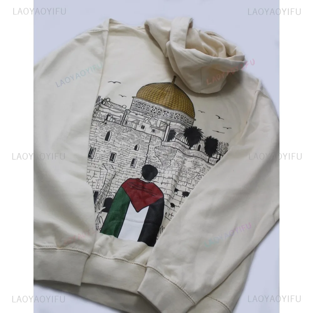 Palestine Al Aqsa Mosque Men Women Long Seleeve Hoodies Palestine Flag Women Back Print Hoodie Sweatshirt Ropa Mujer