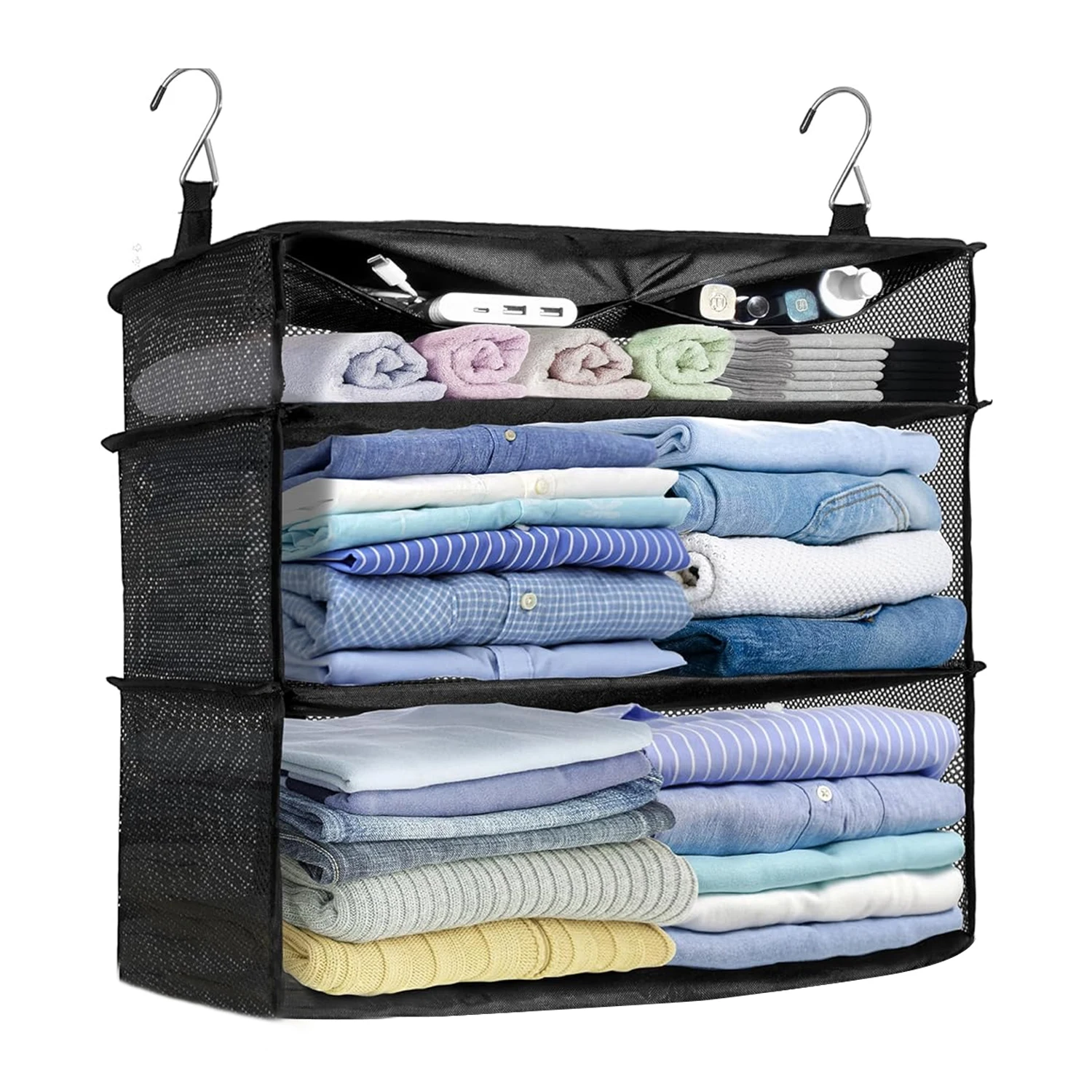 1 Piece Portable Hanging Travel Shelf, 20×17.7inch Luggage Packing Organiser, Large Travel Essentials (Black)