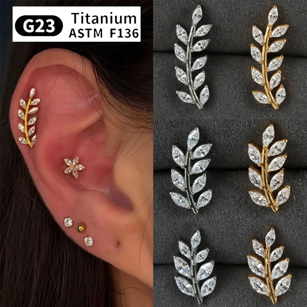 1PC G23 Titanium Internal Thread Zircon Ears of Wheat Ear Helix Tragus Cartilage Helix Earrings Body Piercing Jewelry 16G