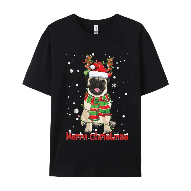 Merry Christmas Cute Pug Dog Coloured lights Xmas T-Shirt Cosie Printed Tops Tees Retro Cotton Men Top T-shirts