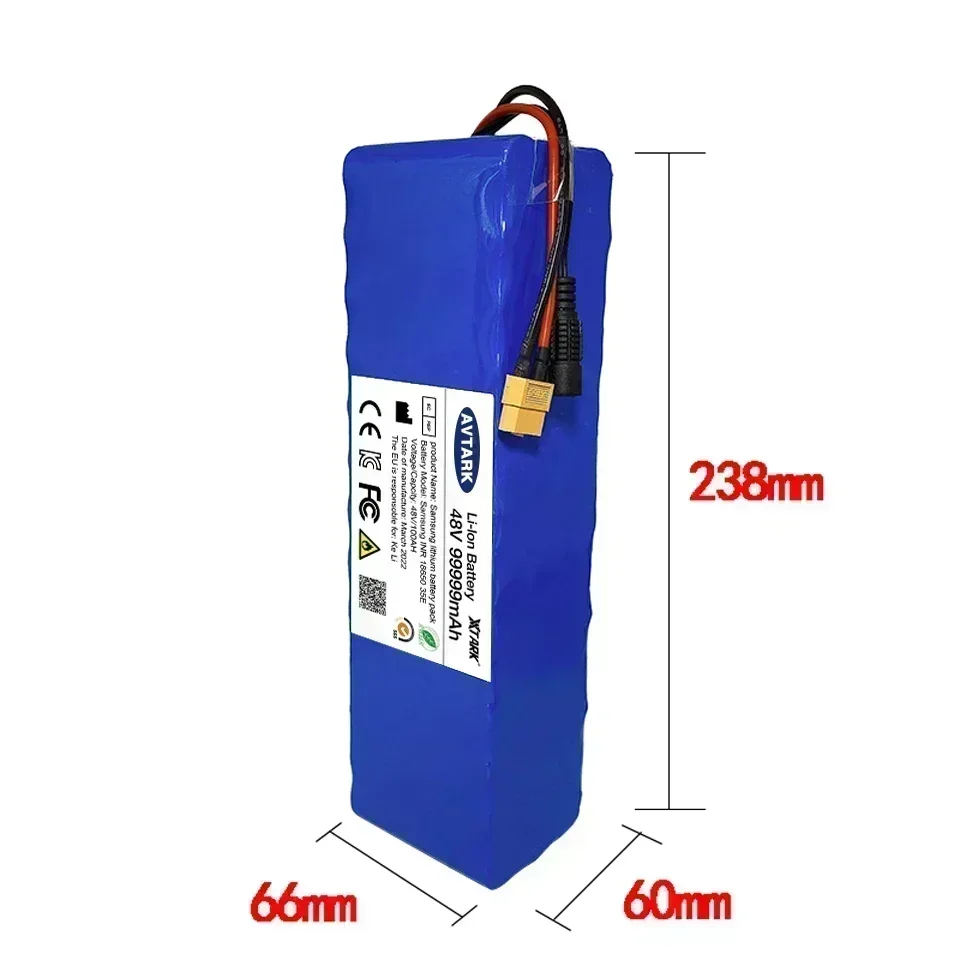 54.6V 스쿠터 전기 자전거용 리튬 이온 배터리, BMS 충전기 포함, 48V, 99999mAh, 1000w, 13S3P, XT60, 101Ah, 신제품